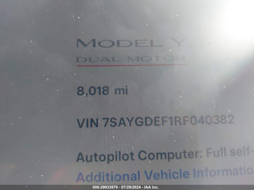 2024 Tesla Model Y Performance Dual Motor All-Wheel Drive VIN: 7SAYGDEF1RF040382 Lot: 39933979