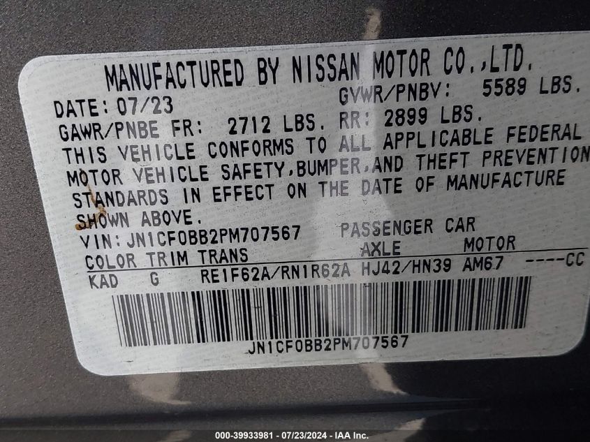 2023 Nissan Ariya Engage VIN: JN1CF0BB2PM707567 Lot: 39933981