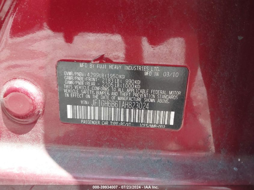 2010 Subaru Impreza 2.5I Premium VIN: JF1GH6B61AH823024 Lot: 39934007