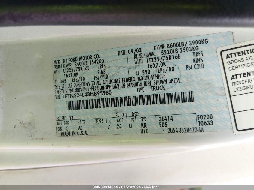 2003 Ford Econoline E250 Van VIN: 1FTNS24L43HB95980 Lot: 39934014