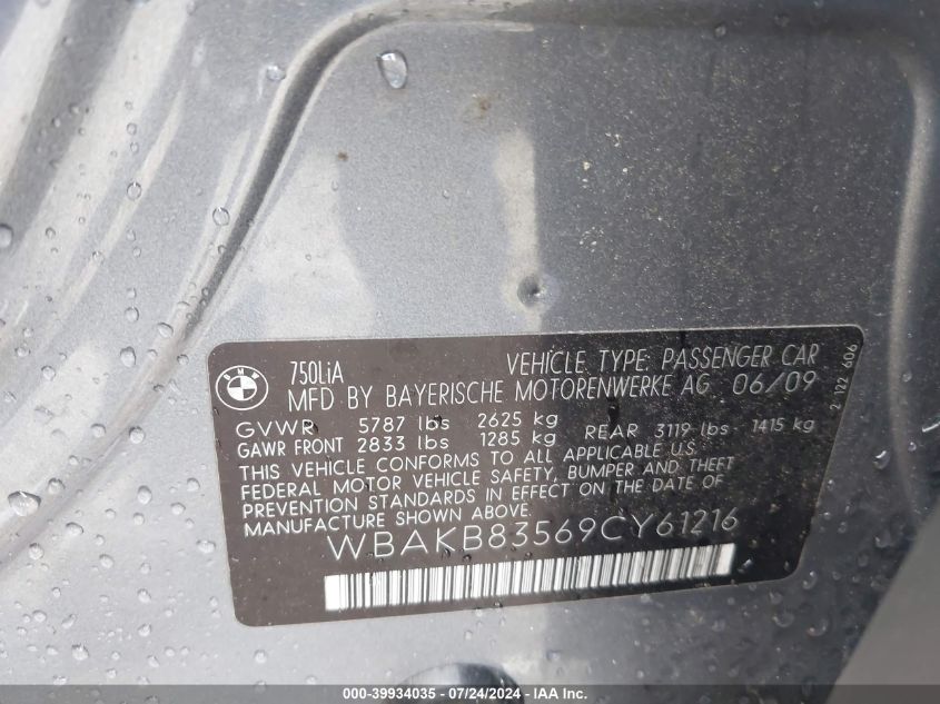 2009 BMW 750Li Li VIN: WBAKB83569CY61216 Lot: 39934035