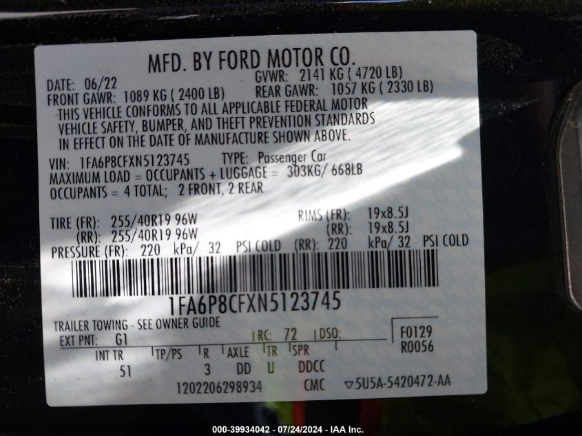 2022 Ford Mustang Gt Premium Fastback VIN: 1FA6P8CFXN5123745 Lot: 39934042