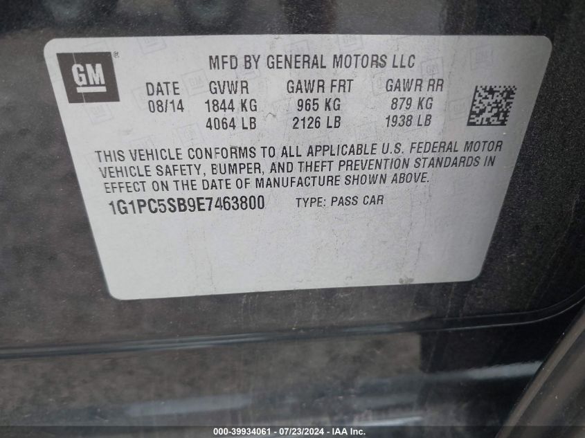 2014 Chevrolet Cruze 1Lt Auto VIN: 1G1PC5SB9E7463800 Lot: 39934061