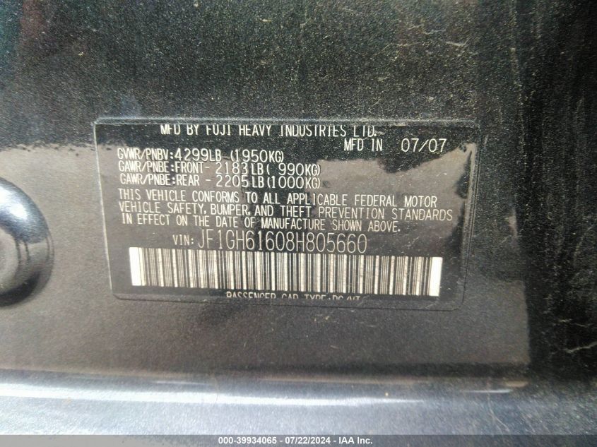 2008 Subaru Impreza 2.5I VIN: JF1GH61608H805660 Lot: 39934065