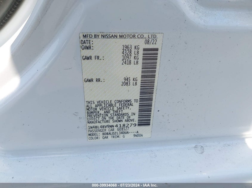 2022 Nissan Altima S Fwd VIN: 1N4BL4BV9NN418279 Lot: 39934068