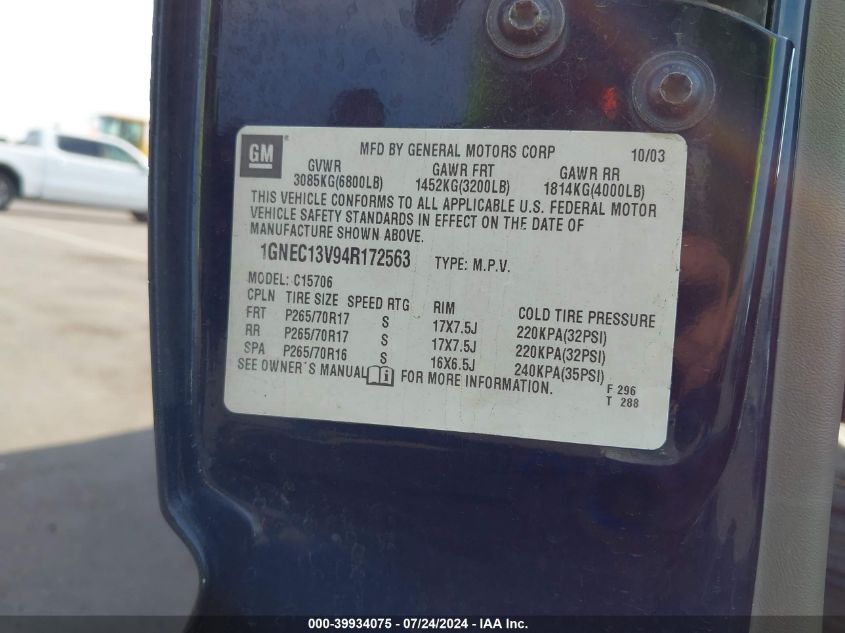 2004 Chevrolet Tahoe Ls VIN: 1GNEC13V94R172563 Lot: 39934075
