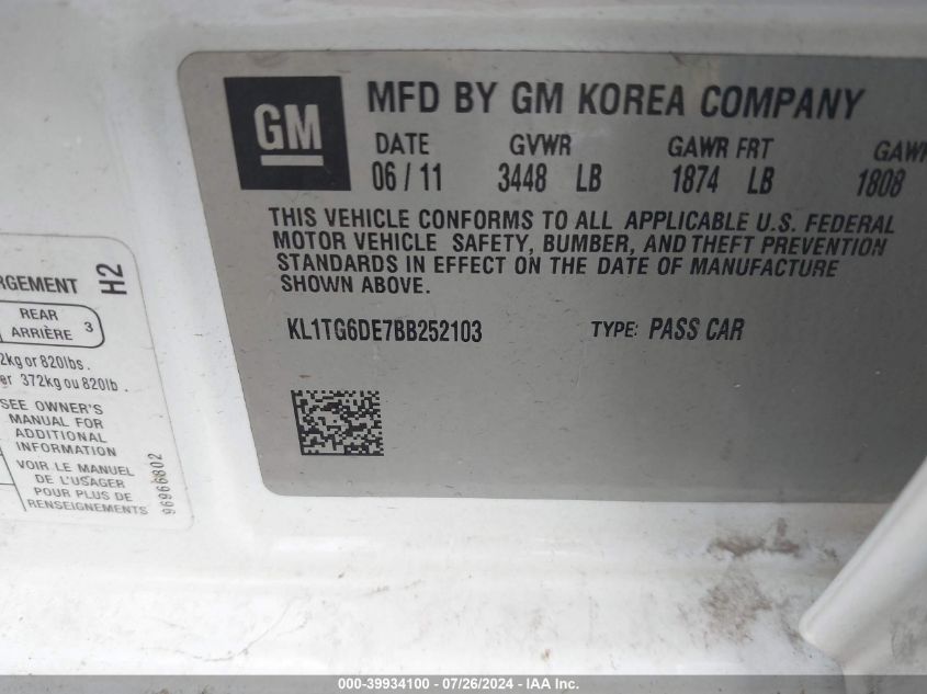 2011 Chevrolet Aveo 2Lt VIN: KL1TG6DE7BB252103 Lot: 39934100