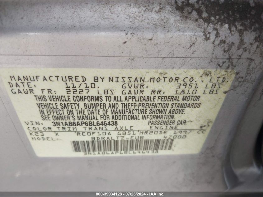 2011 Nissan Sentra 2.0S VIN: 3N1AB6AP6BL646438 Lot: 39934128