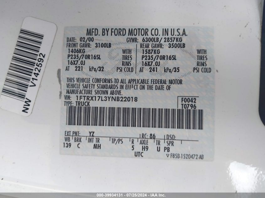 2000 Ford F-150 Lariat/Work Series/Xl/Xlt VIN: 1FTRX17L3YNB22018 Lot: 39934131