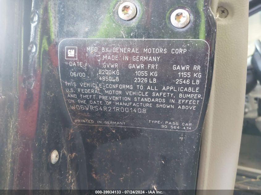 2001 Cadillac Catera Sport VIN: W06VR54R21R001408 Lot: 39934133