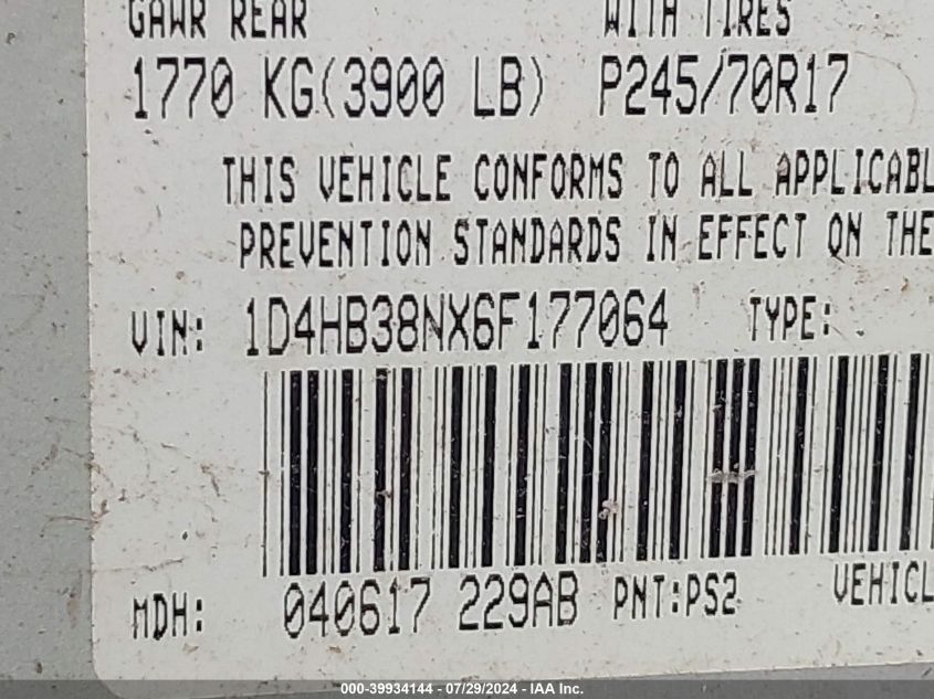 2006 Dodge Durango Sxt VIN: 1D4HB38NX6F177064 Lot: 39934144