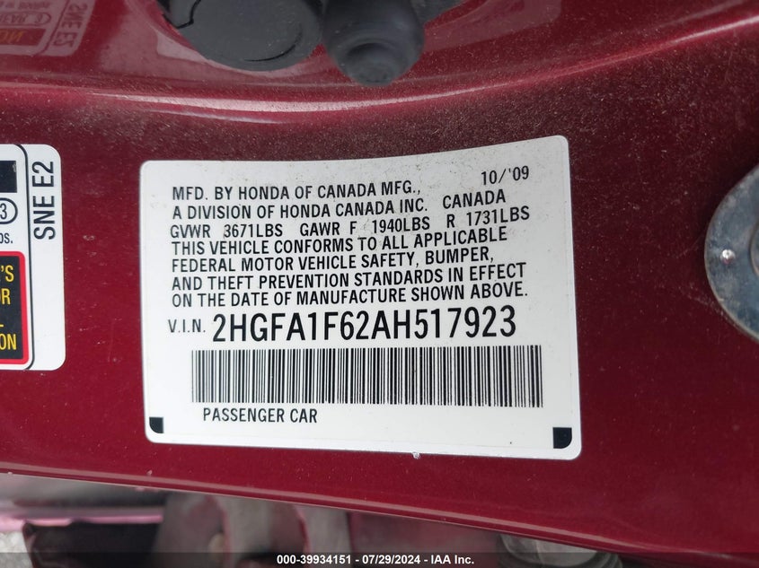 2010 Honda Civic Lx-S VIN: 2HGFA1F62AH517923 Lot: 39934151