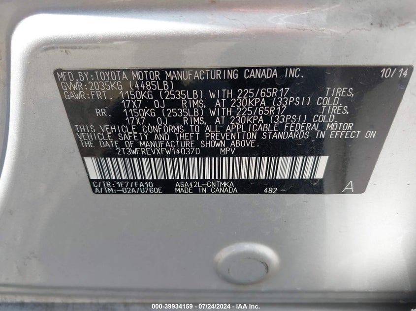 2T3WFREVXFW140370 2015 Toyota Rav4 Xle