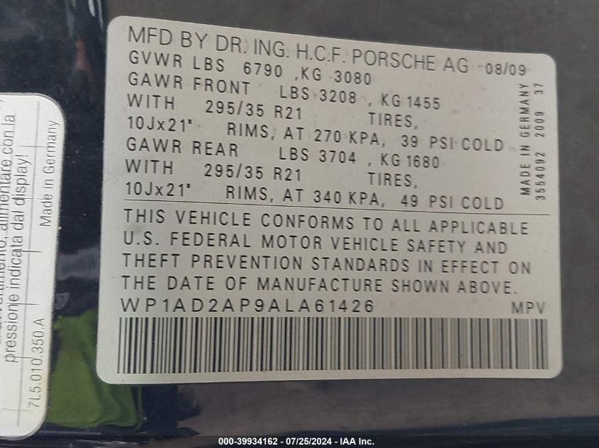 2010 Porsche Cayenne Gts VIN: WP1AD2AP9ALA61426 Lot: 39934162