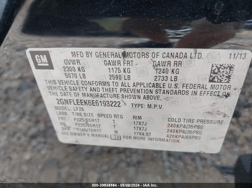 2GNFLEEK6E6193222 2014 Chevrolet Equinox Ls