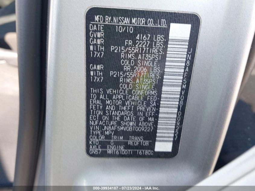 2011 Nissan Juke S/Sv/Sl VIN: JN8AF5MV0BT009227 Lot: 39934187