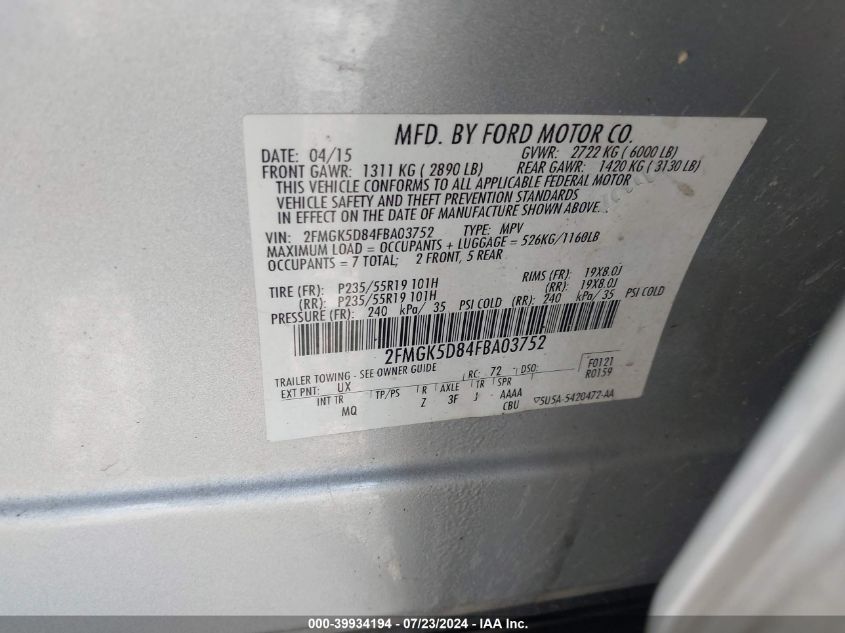 2015 Ford Flex Limited VIN: 2FMGK5D84FBA03752 Lot: 39934194