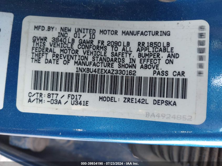 2010 Toyota Corolla S VIN: 1NXBU4EEXAZ330162 Lot: 39934195