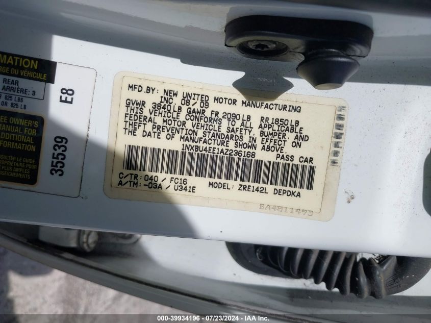 2010 Toyota Corolla Le VIN: 1NXBU4EE1AZ236168 Lot: 39934196