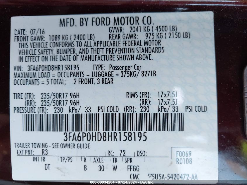 2017 Ford Fusion Se VIN: 3FA6P0HD8HR158195 Lot: 39934204