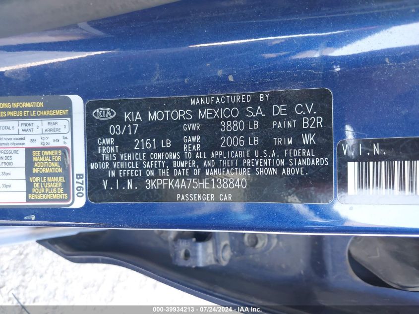 2017 Kia Forte Lx VIN: 3KPFK4A75HE138840 Lot: 39934213