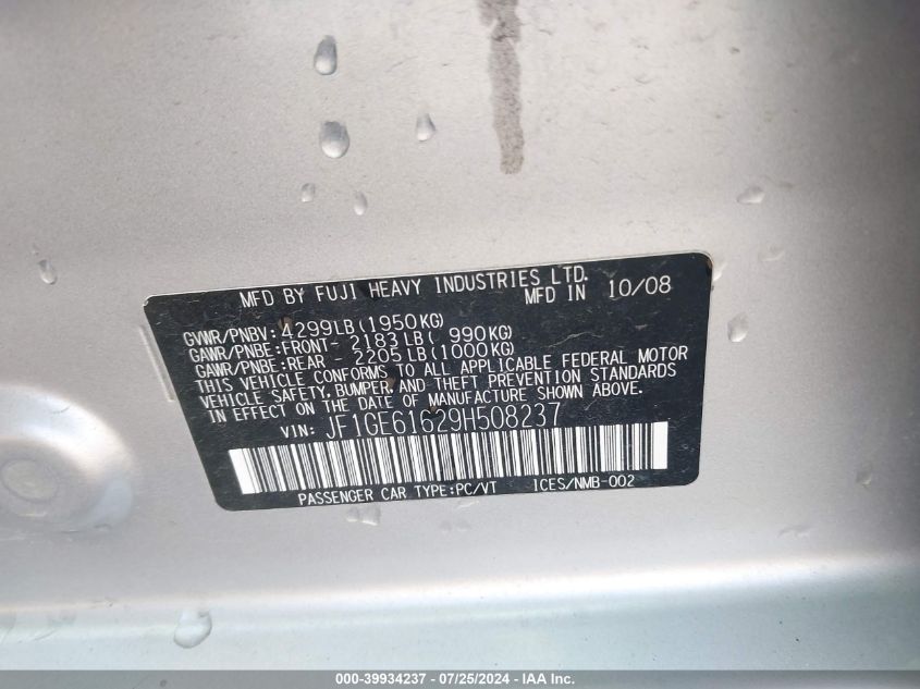 2009 Subaru Impreza 2.5I VIN: JF1GE61629H508237 Lot: 39934237