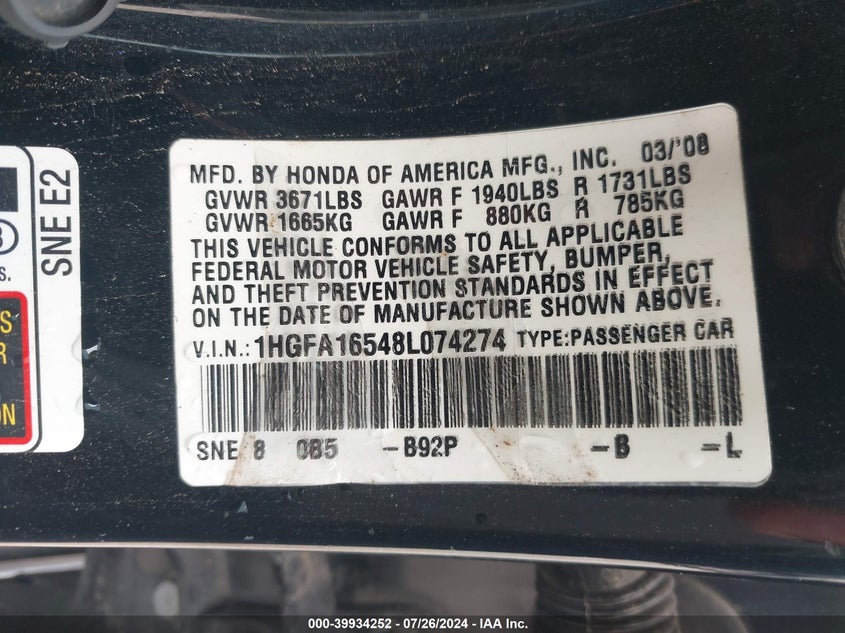 2008 Honda Civic Sdn Lx VIN: 1HGFA16548L074274 Lot: 39934252