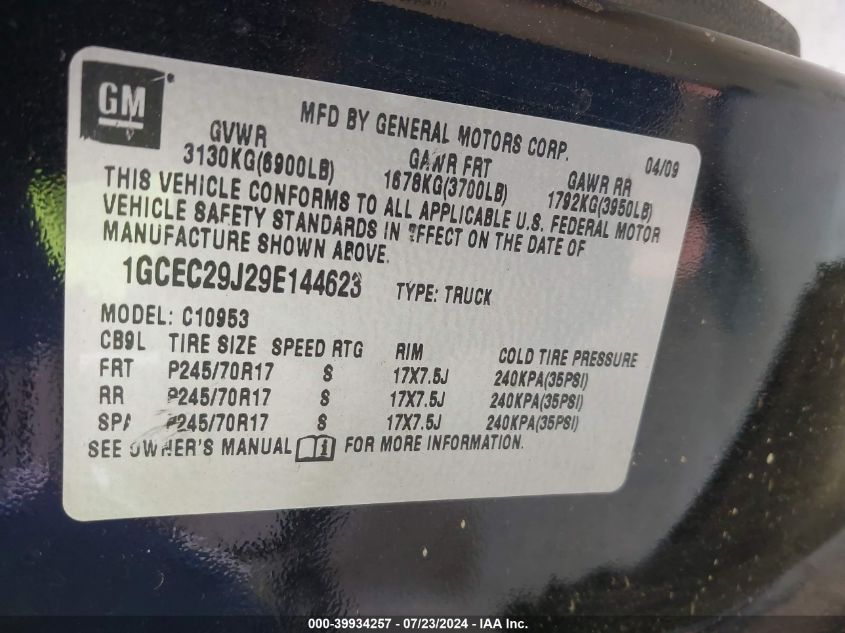 2009 Chevrolet Silverado 1500 Lt VIN: 1GCEC29J29E144623 Lot: 39934257