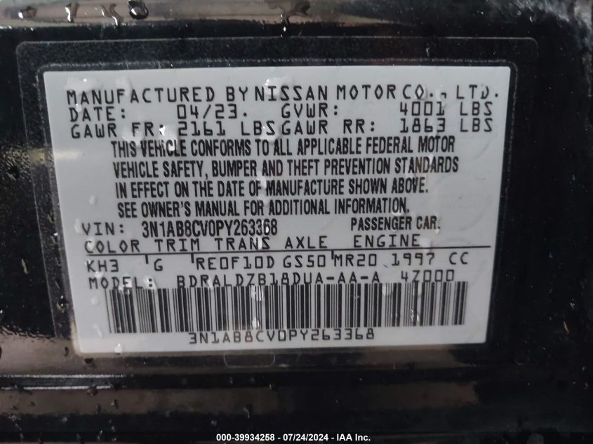 2023 Nissan Sentra Sv Xtronic Cvt VIN: 3N1AB8CV0PY263368 Lot: 39934258