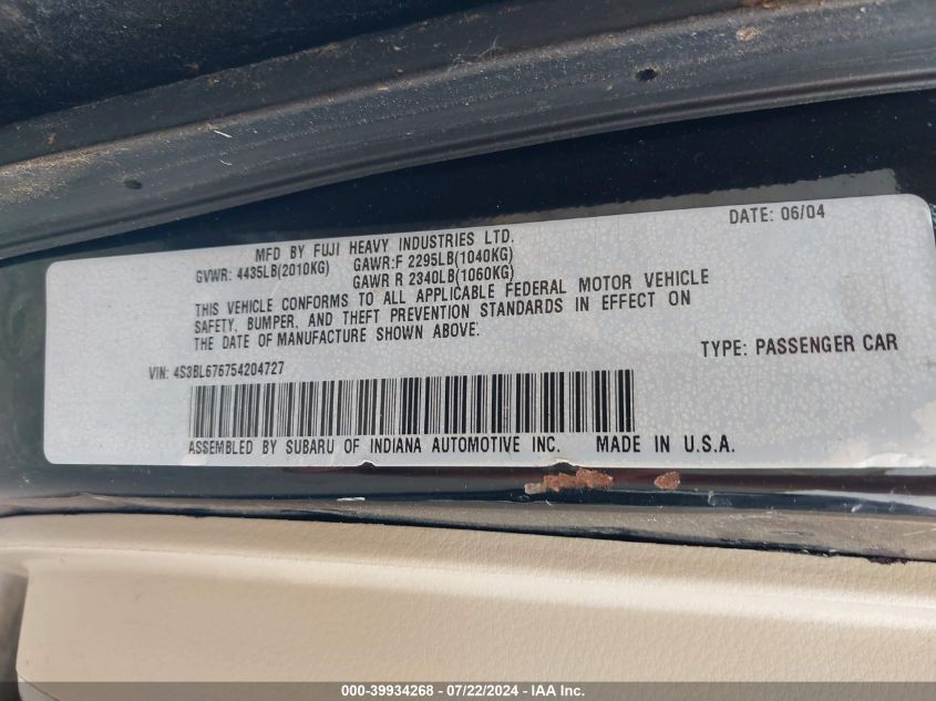 2005 Subaru Legacy 2.5Gt Limited VIN: 4S3BL676754204727 Lot: 39934268