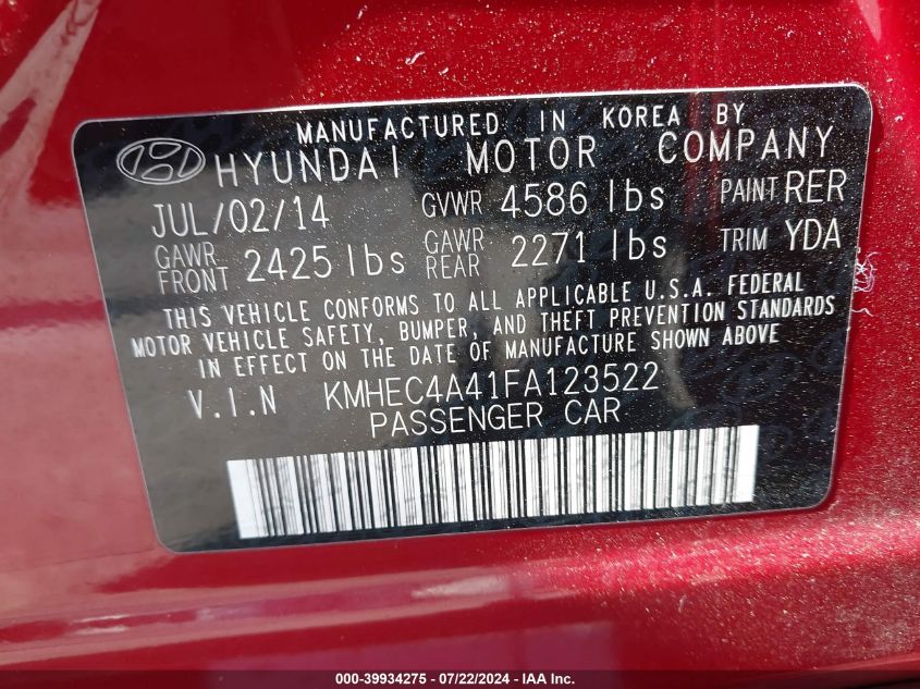 2015 Hyundai Sonata Hybrid VIN: KMHEC4A41FA123522 Lot: 39934275