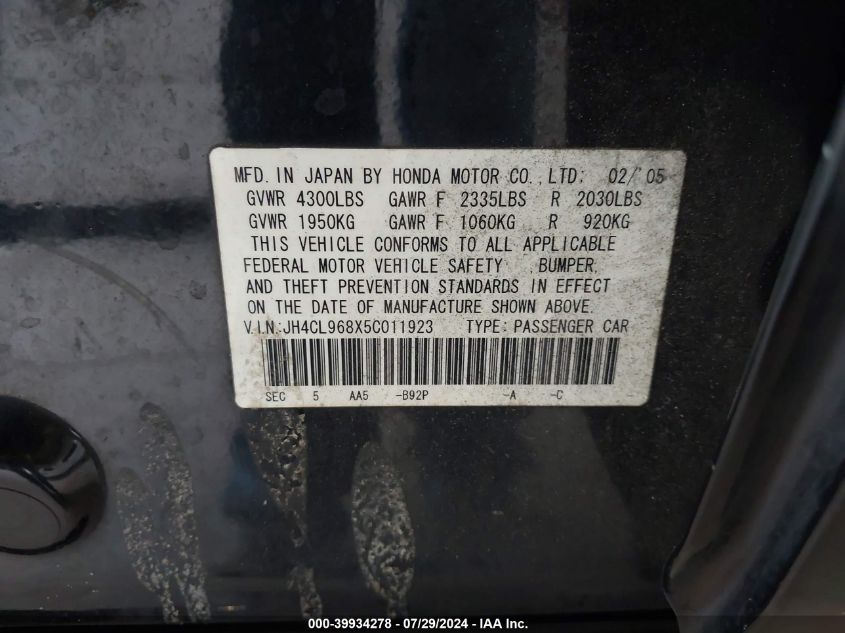 2005 Acura Tsx VIN: JH4CL968X5C011923 Lot: 39934278