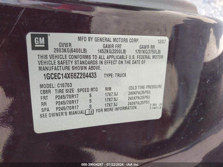 2008 Chevrolet Silverado 1500 Work Truck VIN: 1GCEC14X68Z204433 Lot: 39934287