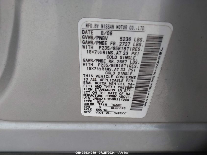 2009 Nissan Murano Sl VIN: JN8AZ18W59W214005 Lot: 39934289