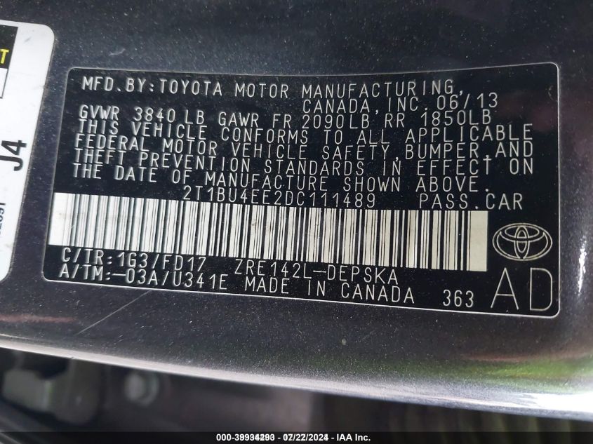 2T1BU4EE2DC111489 2013 Toyota Corolla S