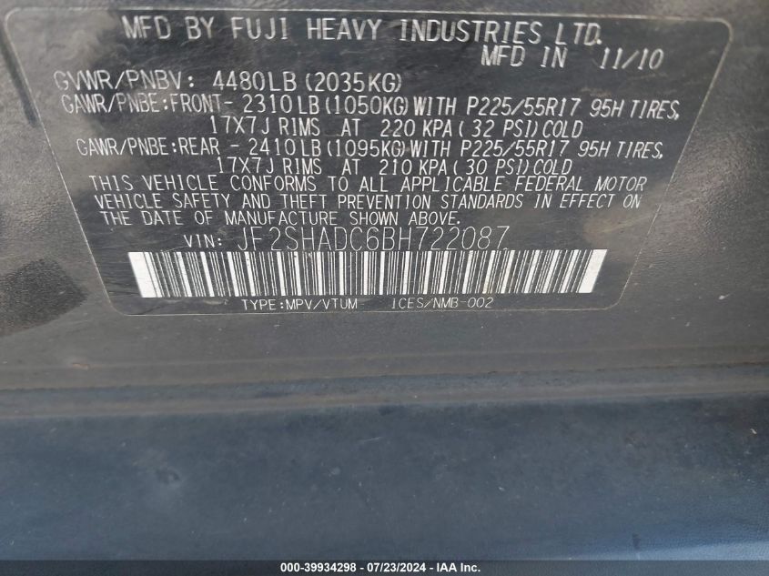 2011 Subaru Forester 2.5X Premium VIN: JF2SHADC6BH722087 Lot: 39934298