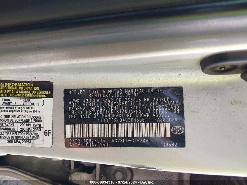 2004 Toyota Camry Se VIN: 4T1BE32K34U361596 Lot: 39934316