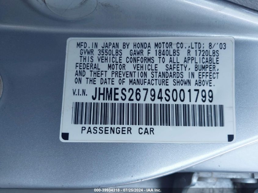 JHMES26794S001799 | 2004 HONDA CIVIC