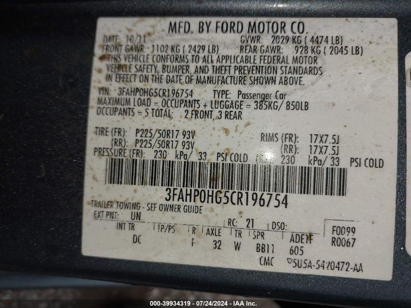 2012 Ford Fusion Se VIN: 3FAHP0HG5CR196754 Lot: 39934319