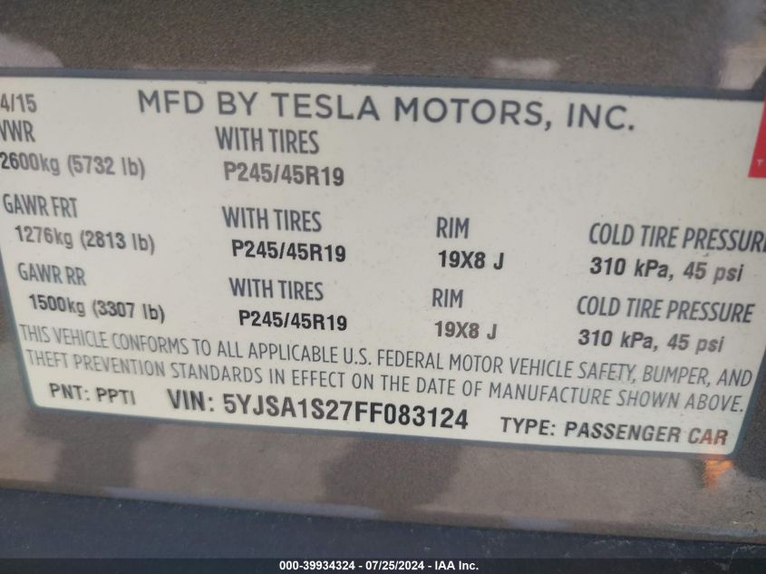 2015 Tesla Model S 70D VIN: 5YJSA1S27FF083124 Lot: 39934324