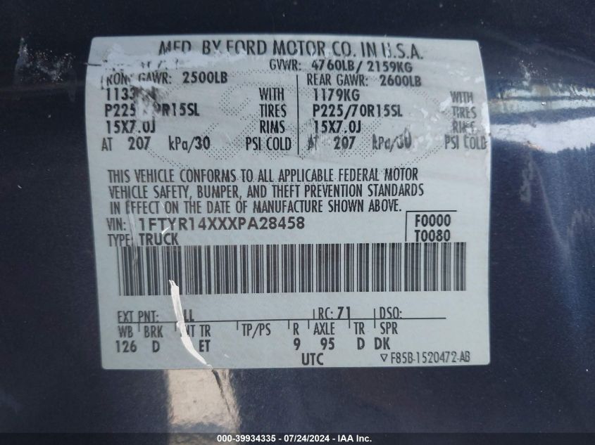 1999 Ford Ranger Super Cab VIN: 1FTYR14XXXPA28458 Lot: 39934335