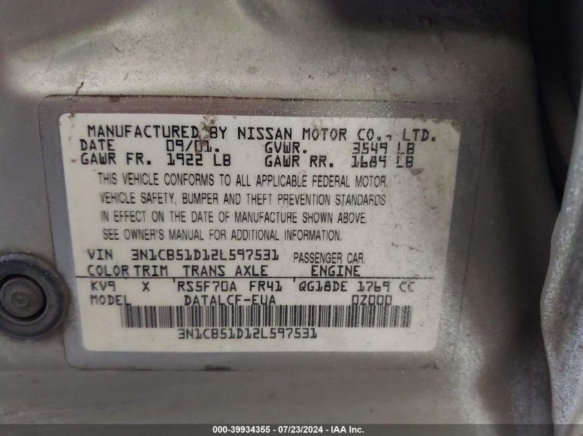 2002 Nissan Sentra Xe VIN: 3N1CB51D12L597531 Lot: 39934355