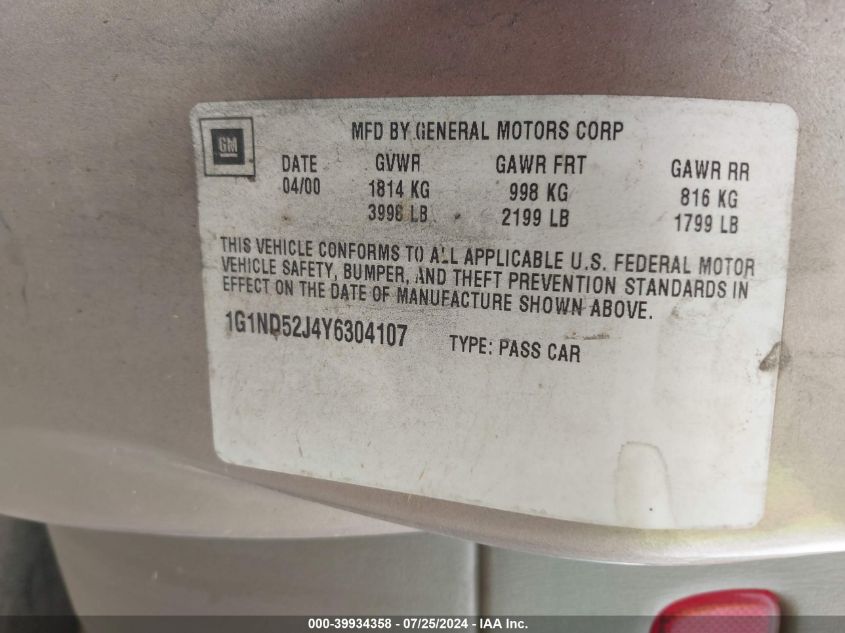 2000 Chevrolet Malibu VIN: 1G1ND52J4Y630410 Lot: 39934358