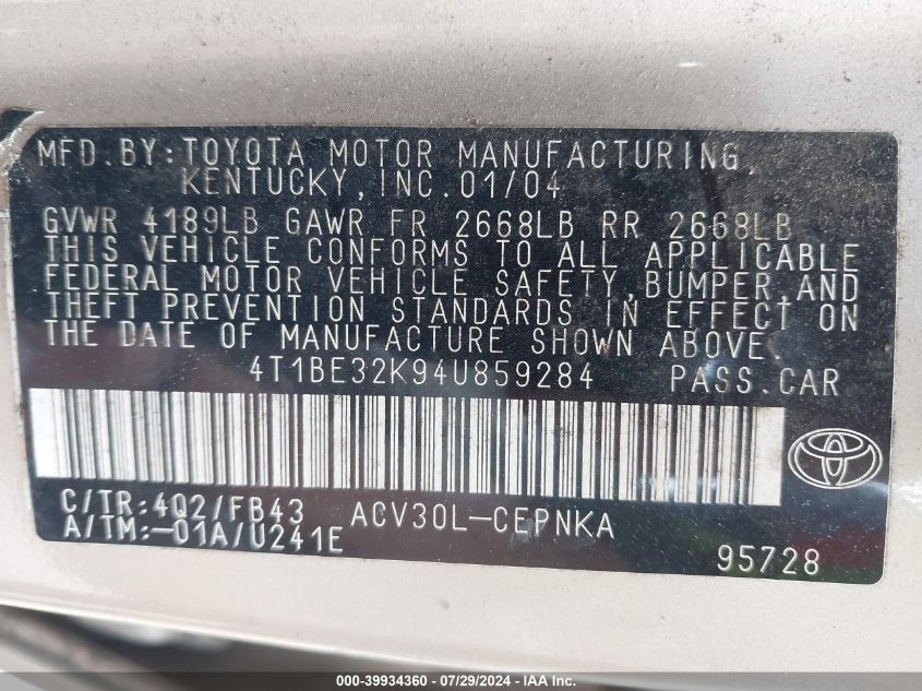 2004 Toyota Camry Le/Xle/Se VIN: 4T1BE32K94U859284 Lot: 39934360