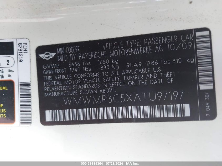 2010 Mini Cooper VIN: WMWMR3C5XATU97197 Lot: 39934364