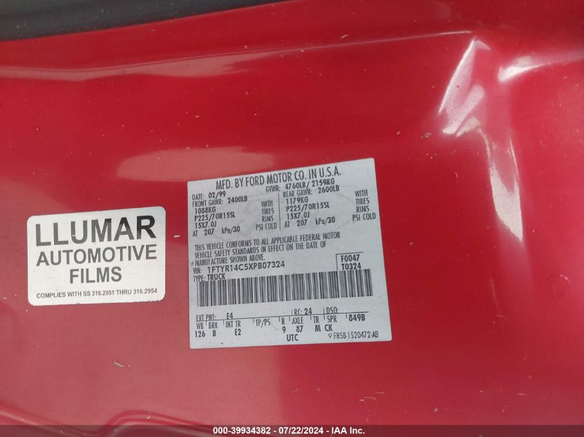 1999 Ford Ranger Xl/Xlt VIN: 1FTYR14C5XPB07324 Lot: 39934382