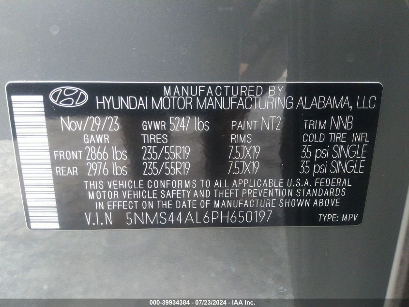 2023 Hyundai Santa Fe Limited VIN: 5NMS44AL6PH650197 Lot: 39934384