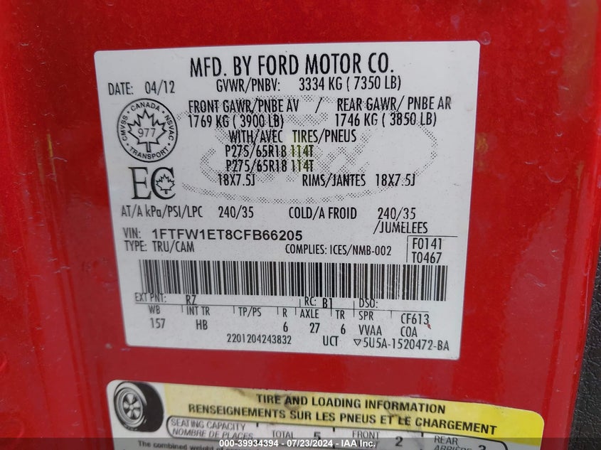 2012 Ford F-150 Lariat VIN: 1FTFW1ET8CFB66205 Lot: 39934394