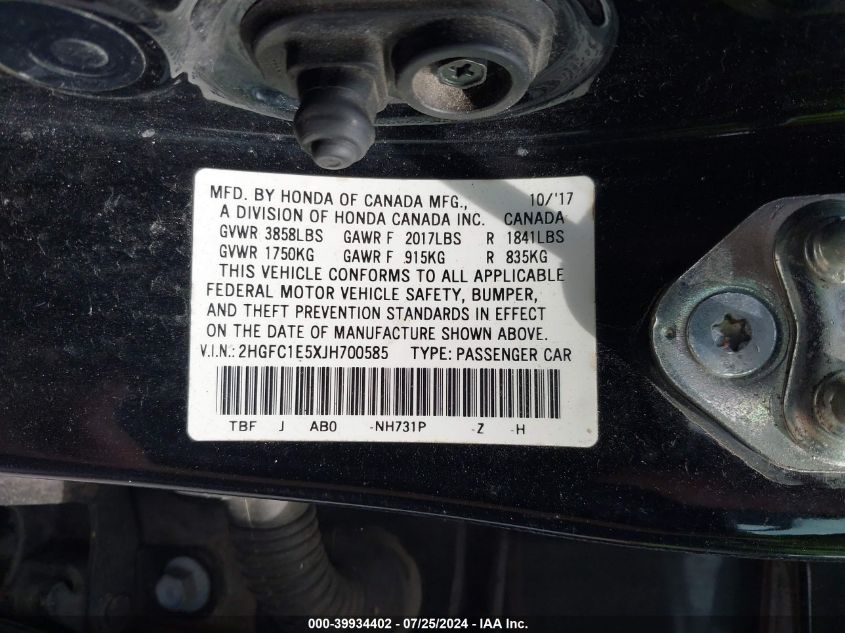 2018 Honda Civic Si VIN: 2HGFC1E5XJH700585 Lot: 39934402