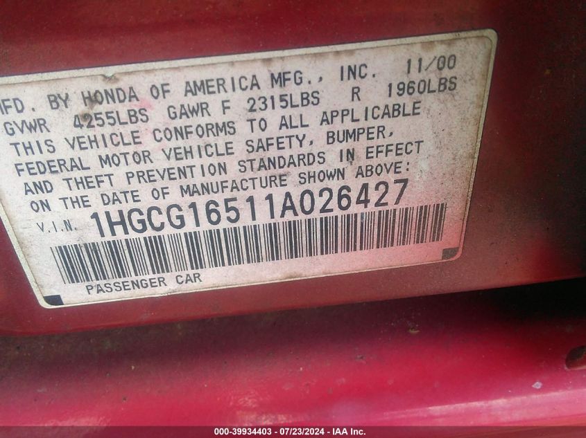 2001 Honda Accord 3.0 Ex VIN: 1HGCG16511A026427 Lot: 39934403